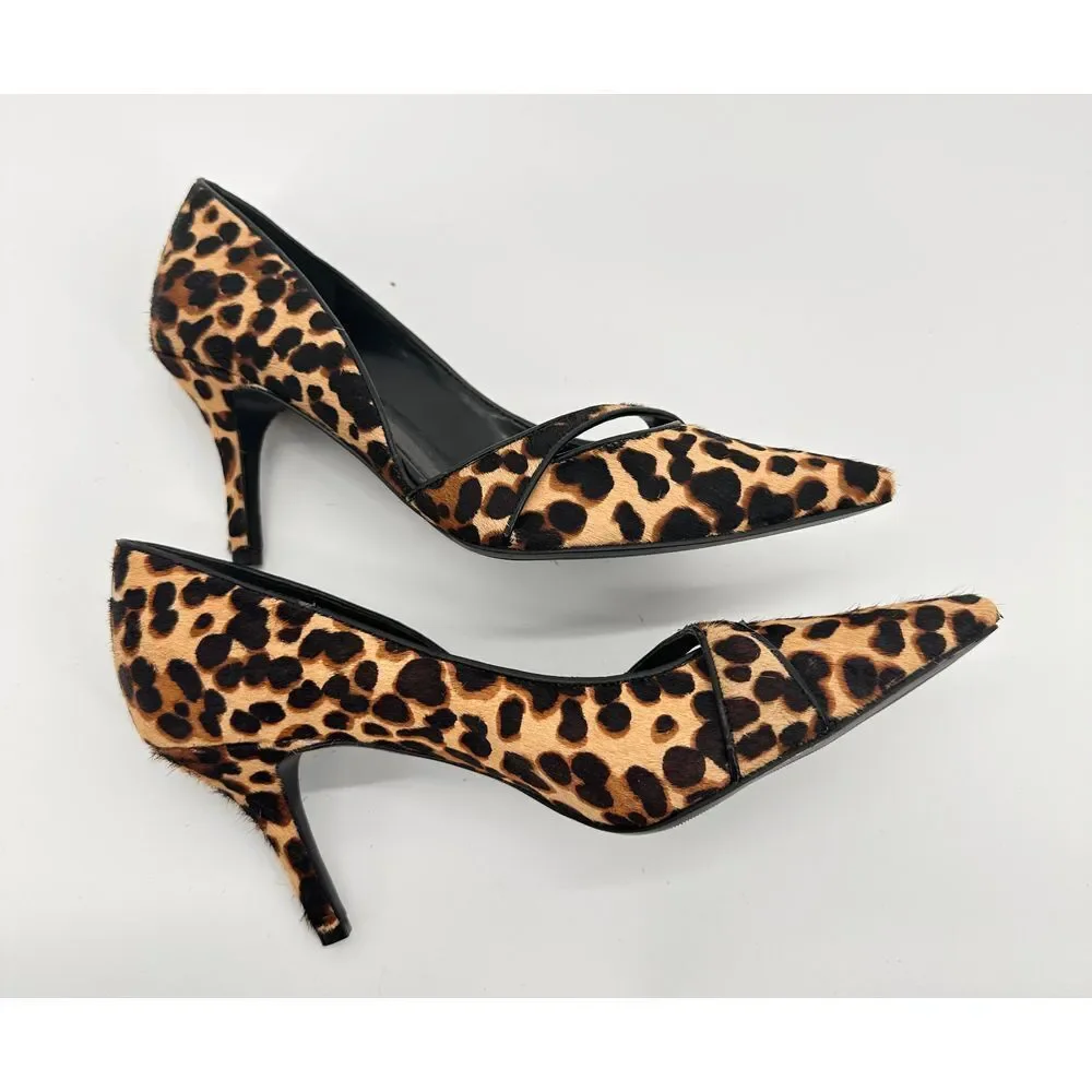 Nine West Women's Kimery Pump Sz 7.5M Pointed D'Orsay Heel Leopard Calf Hair NEW